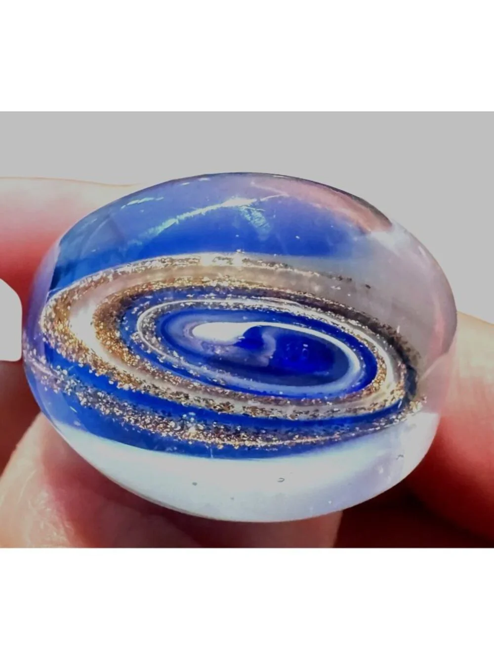 OOAK Handmade Art Glass Statement Ring SZ 8.5 With Swirled Blue & Copper Accent